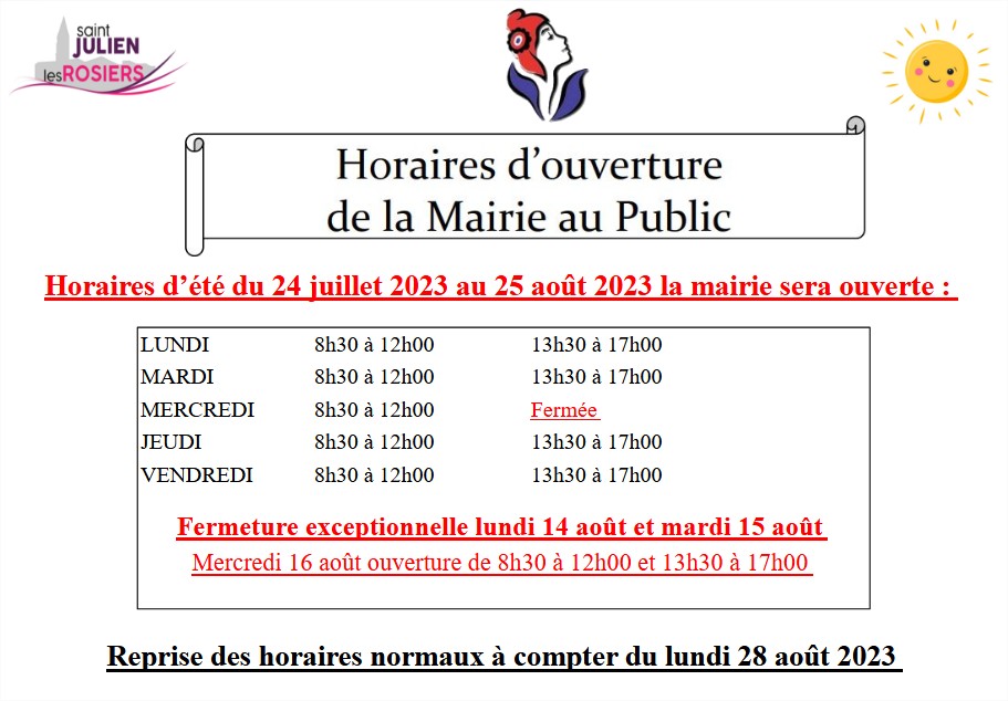 Horaires de la mairie pour cet été